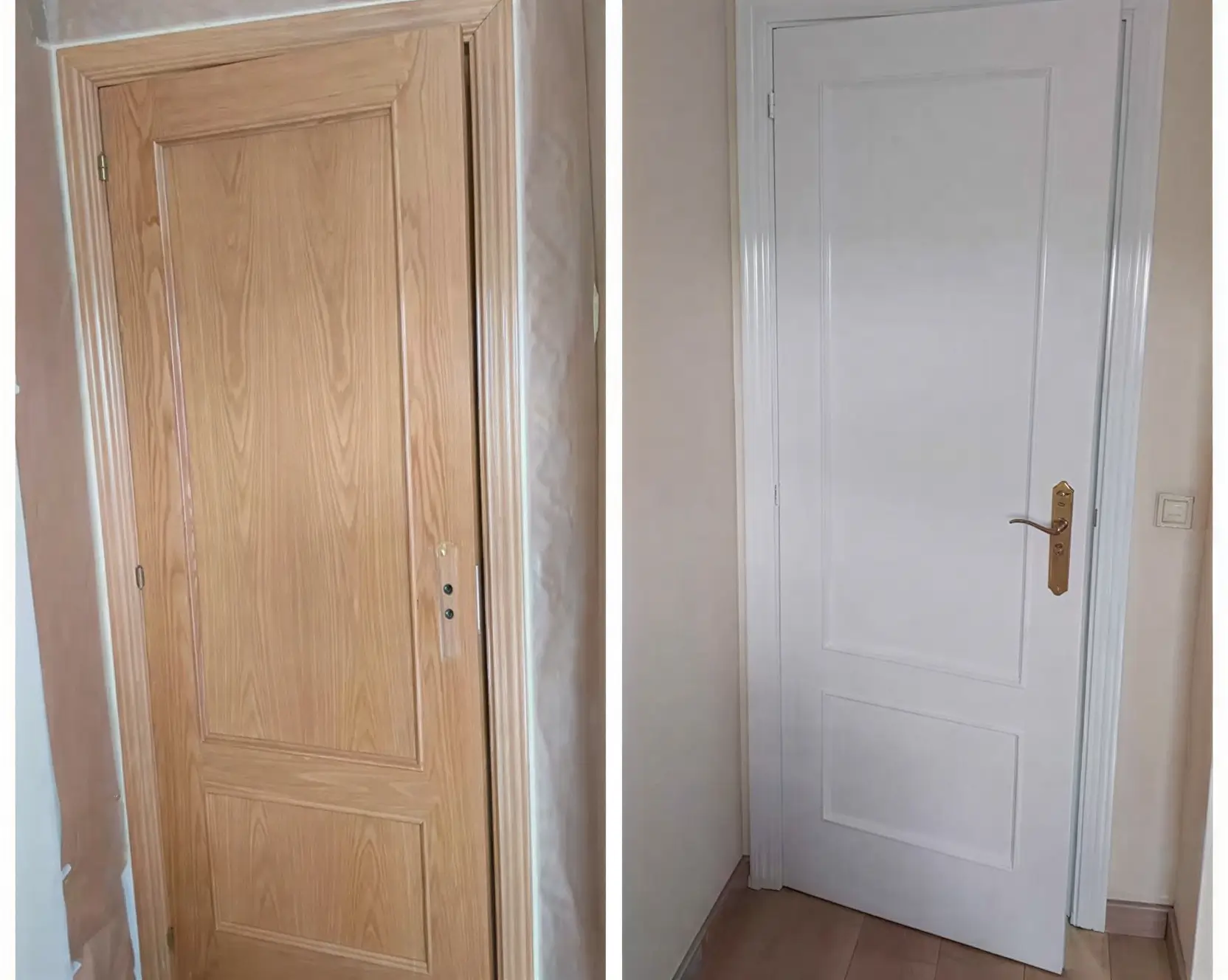 Antes y después de lacar puerta de madera en blanco por Los Pintores Cáceres