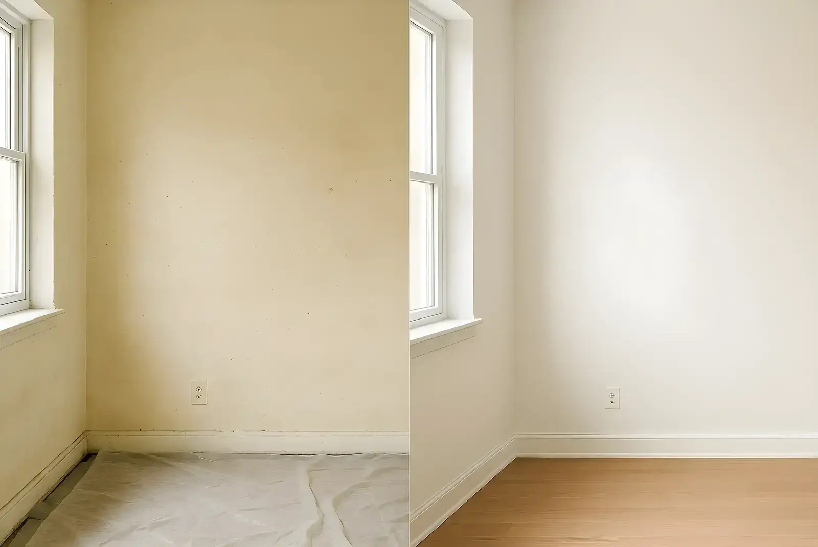 Antes y después de pintura interior en salón, trabajo de Los Pintores Cáceres con paredes renovadas